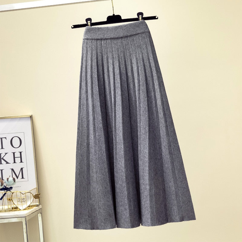 Fashion Knitted Midi Long Pleated Skirt Women