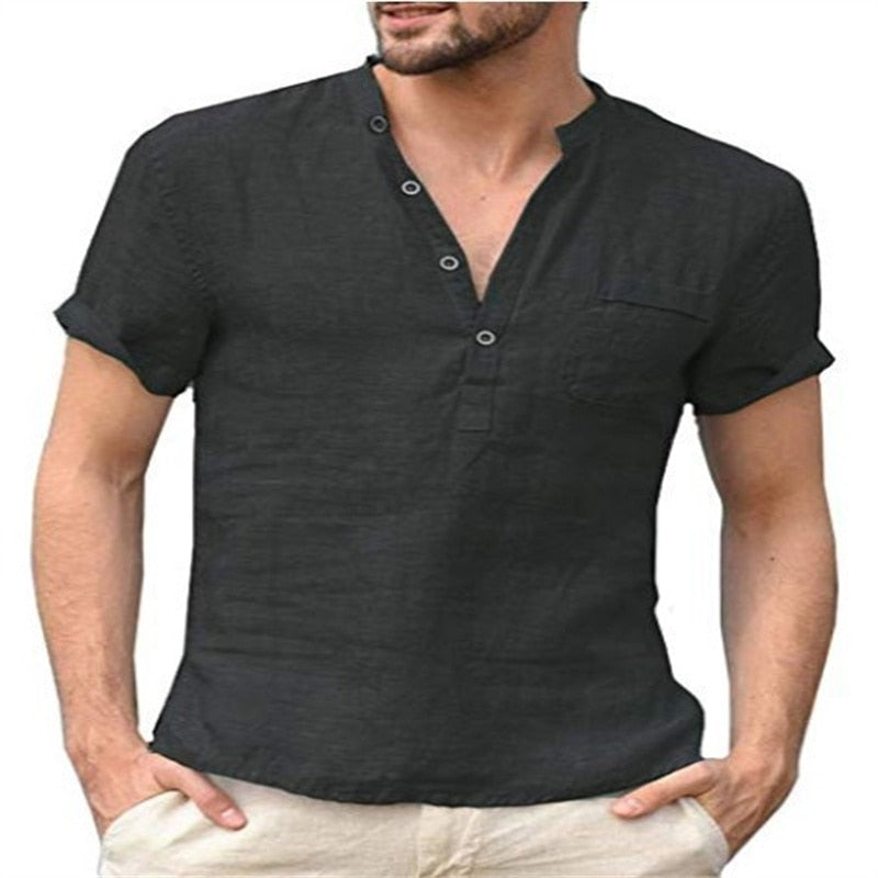 Men T-shirt V-neck single breasted design Casual Linen Breathable Shirt