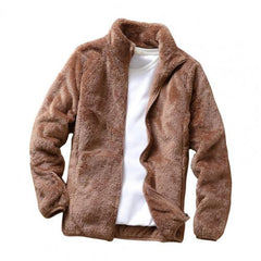 Men Coat Zipper Side Pockets Fleece Double Jacket Stand Collar Warm Jacket