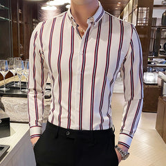 Long Sleeve Striped Shirts Men Simple Slim Fit Business Office Blouse