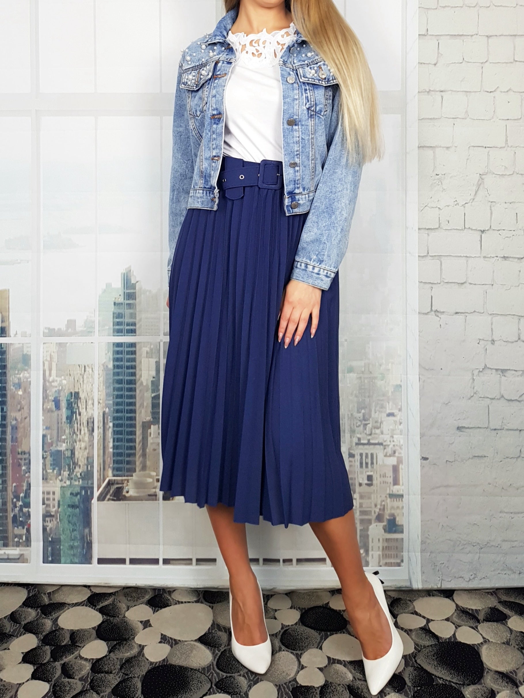 High Waist Women Skirt Casual Vintage Solid Belted Pleated Midi Skirts