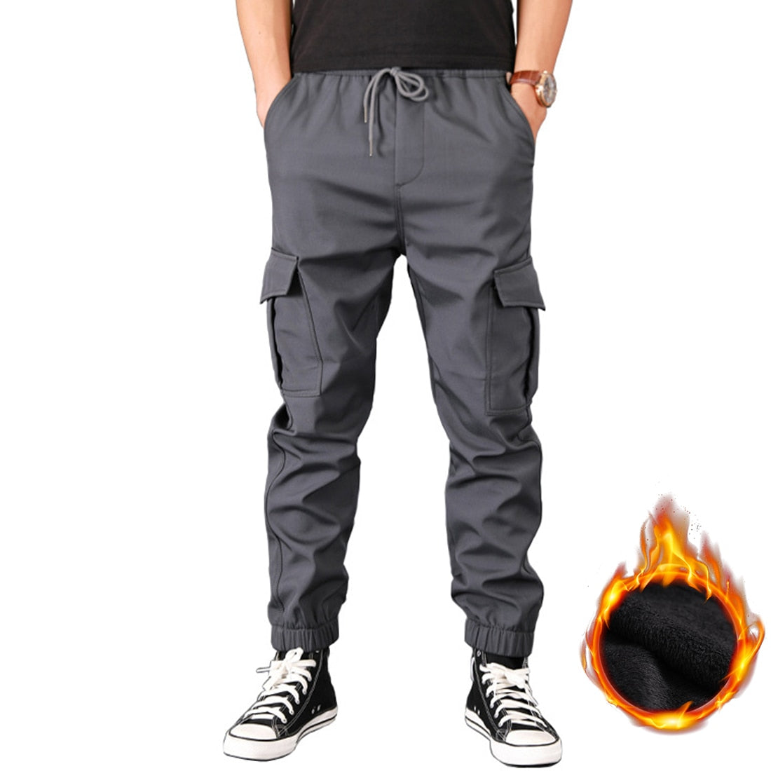 Men Pants Thick Fleece Joggers Multi Pocket Loose Sport Trousers Casual Pants