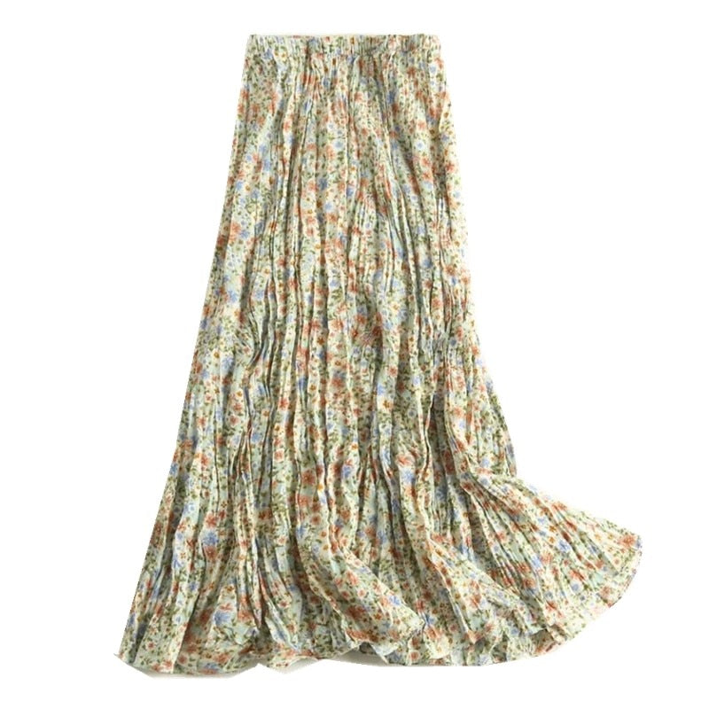 BOHO Green Floral print Rayon Wrinkle Long Skirt Elastic High Waist