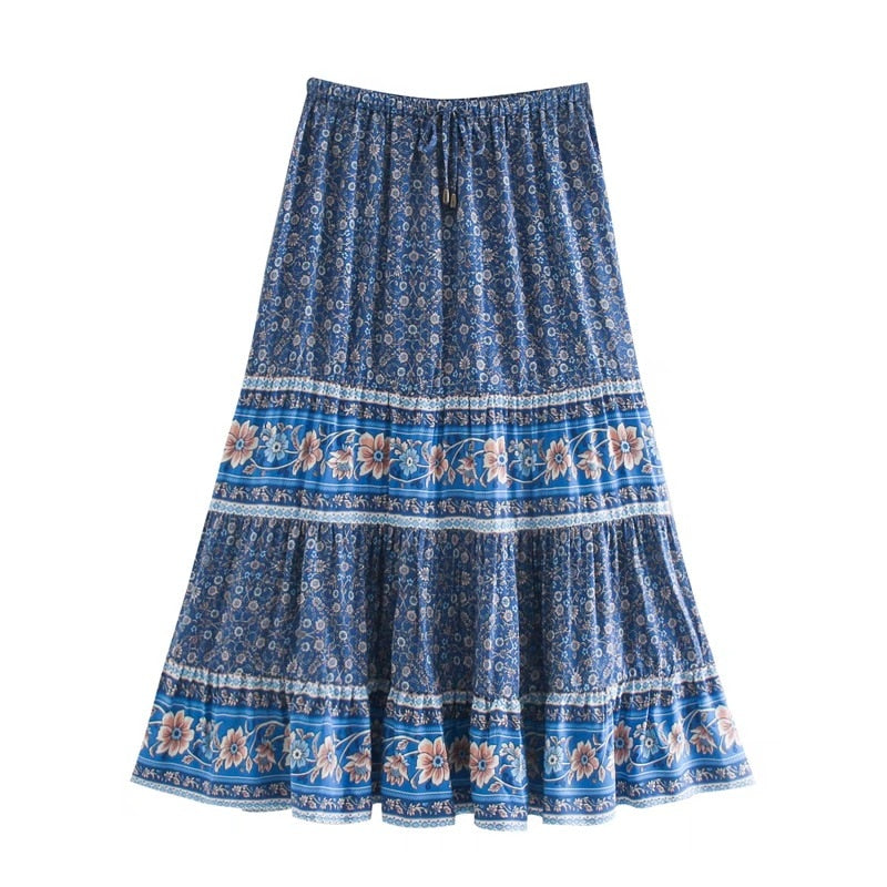 Bohemian Stream Flower Print Long Skirt Stitching Ruched Ruffle