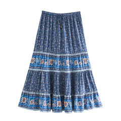 Bohemian Stream Flower Print Long Skirt Stitching Ruched Ruffle