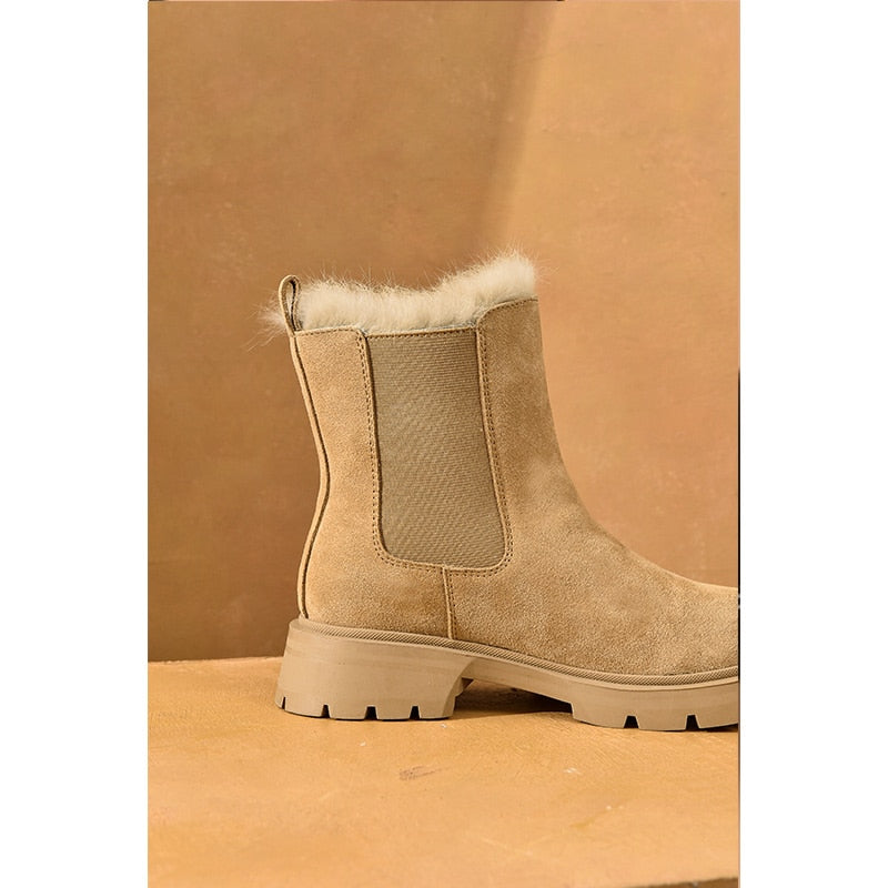 Chelsea Boots Women Suede Leather Snow Boots Warm Fur Round Toe Ladies