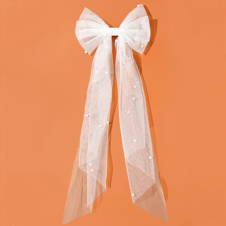 White Oversize Bow Hairpin Net Yarn  Bowknot Ribbon Hair Clip