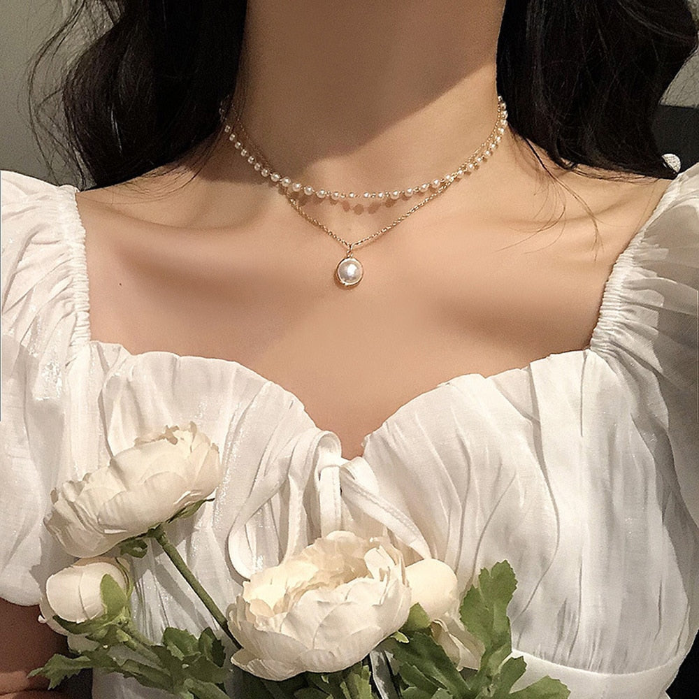 Beads Neck Chain Kpop Pearl Choker Necklace Gold Color Goth Jewelry