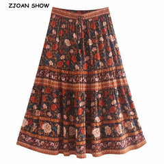 Bohemian Stream Flower Print Long Skirt Stitching Ruched Ruffle Hem