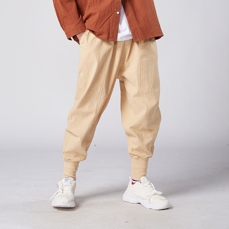 Men Linen Pants Streetwear Casual Joggers Elastic Waist Trouser