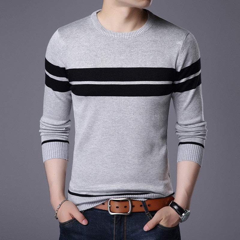 Men Knitted Sweater Comfy O Neck Long Sleeve Pullover Stripe Jumper Bottoming Shirt