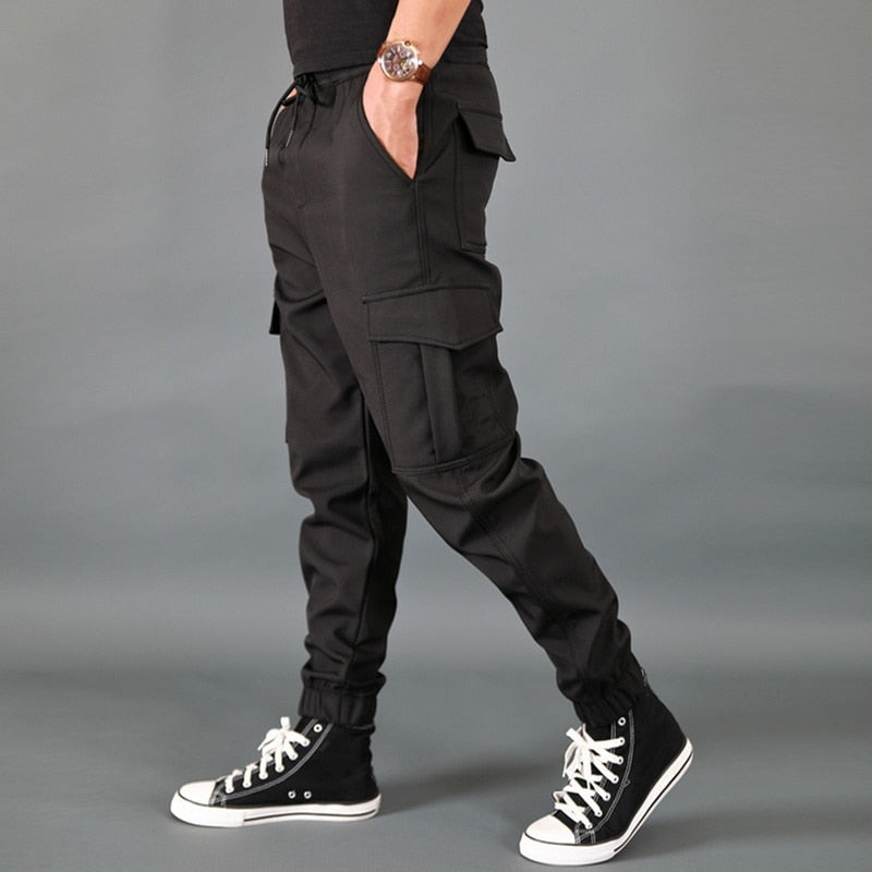 Men Pants Thick Fleece Joggers Multi Pocket Loose Sport Trousers Casual Pants