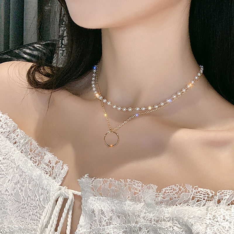 Dainty Pearl Flower Bow-knot Choker Necklace Long Chain Pearl Heart