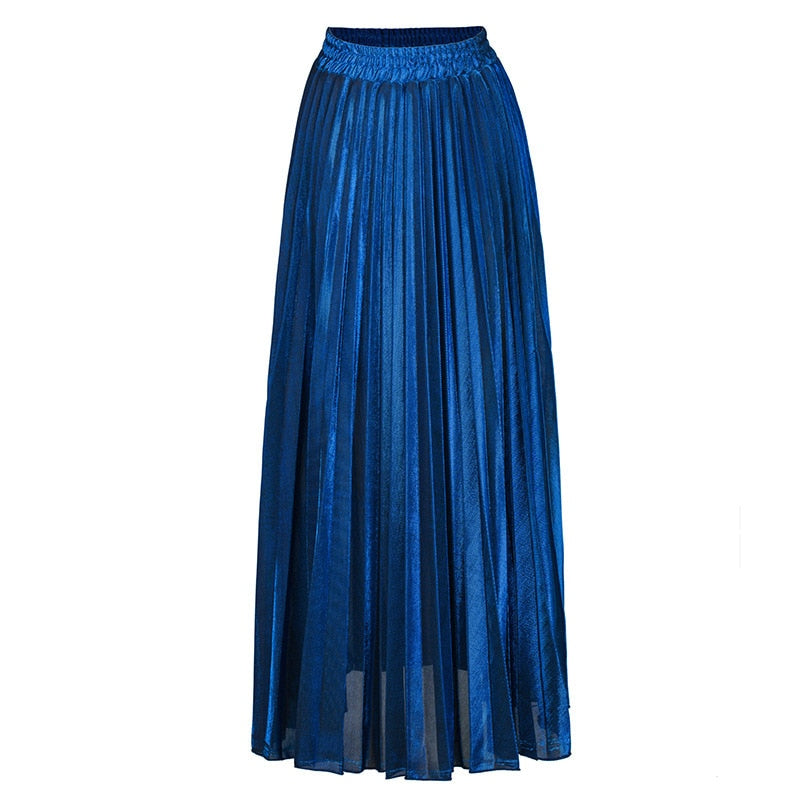 fashion women clothes high waist A-line pleated sliver vintage elastic long