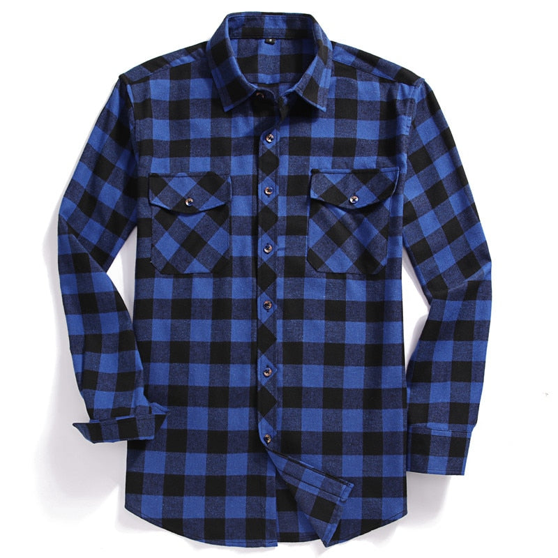 Men Casual Plaid Flannel Shirt Long-Sleeved Two Pocket Printed-Button