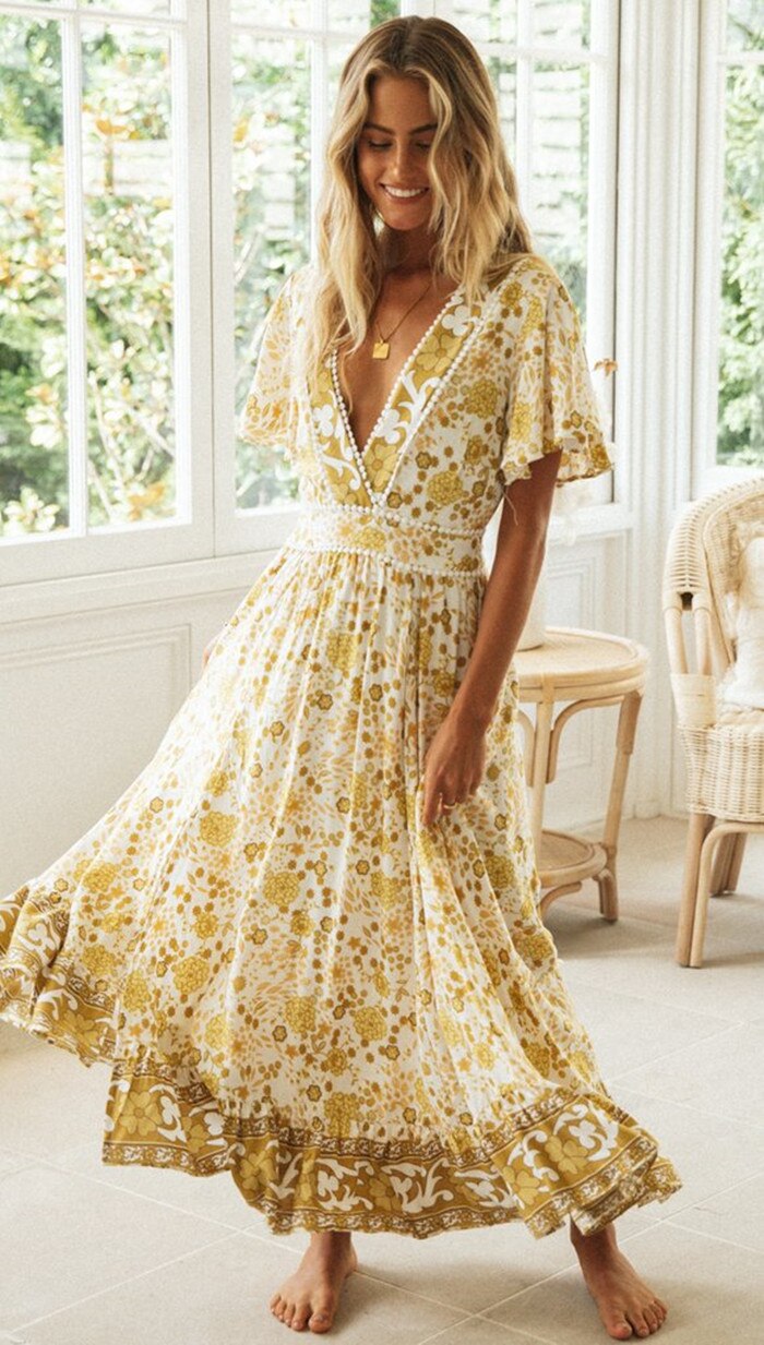 Yellow Boho Print Short Sleeve Summer Beach Dress Long Tunic