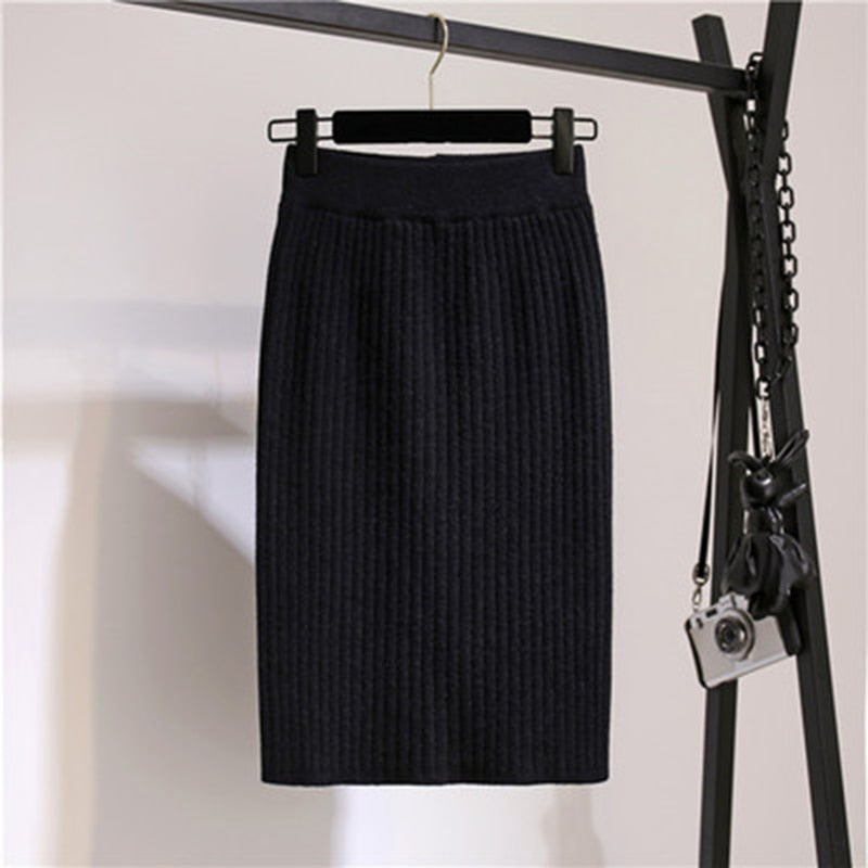 Knit Pencil Skirt Women High Waist Elastic Skirts