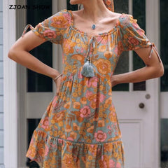 Floral Print Short Sleeve Retro Spliced Pleated Mini Short Dresses