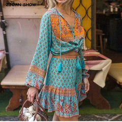 Bohemian Lacing up Tassel Floral Shirt Blouse Holiday 2 Pieces Set