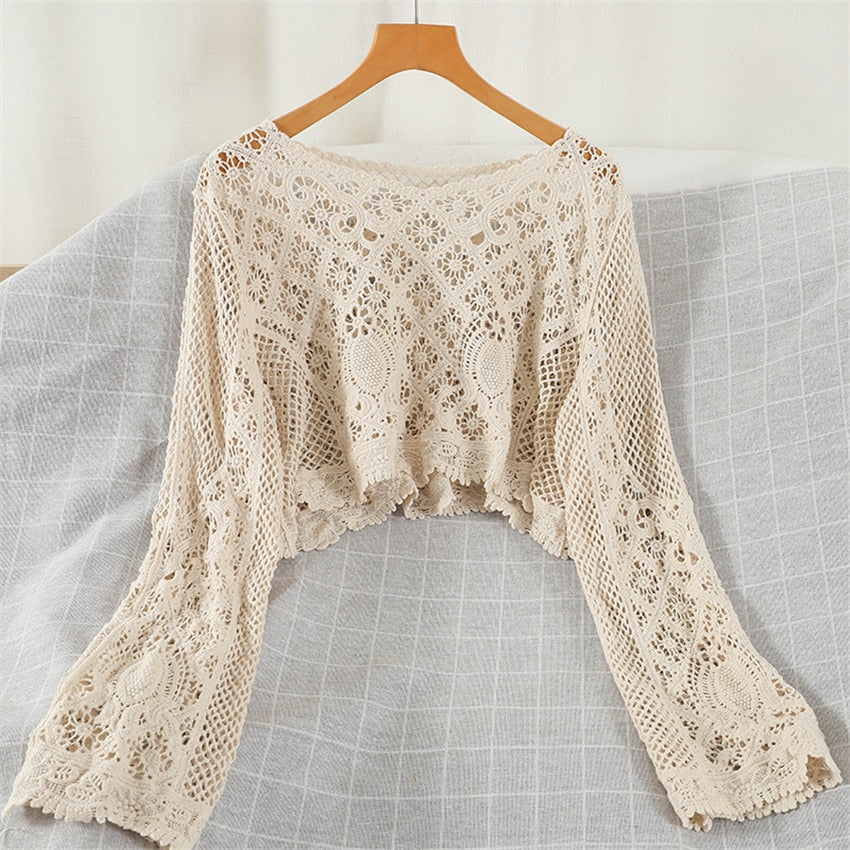 Boho Hollow Out Crochet Crop Top Pullover