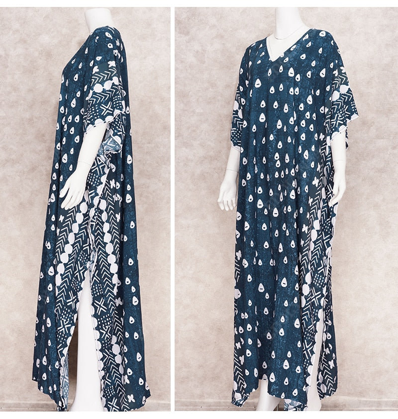 Blue Boho Print Plus Size Long Kaftan Sexy V-neck Side Split