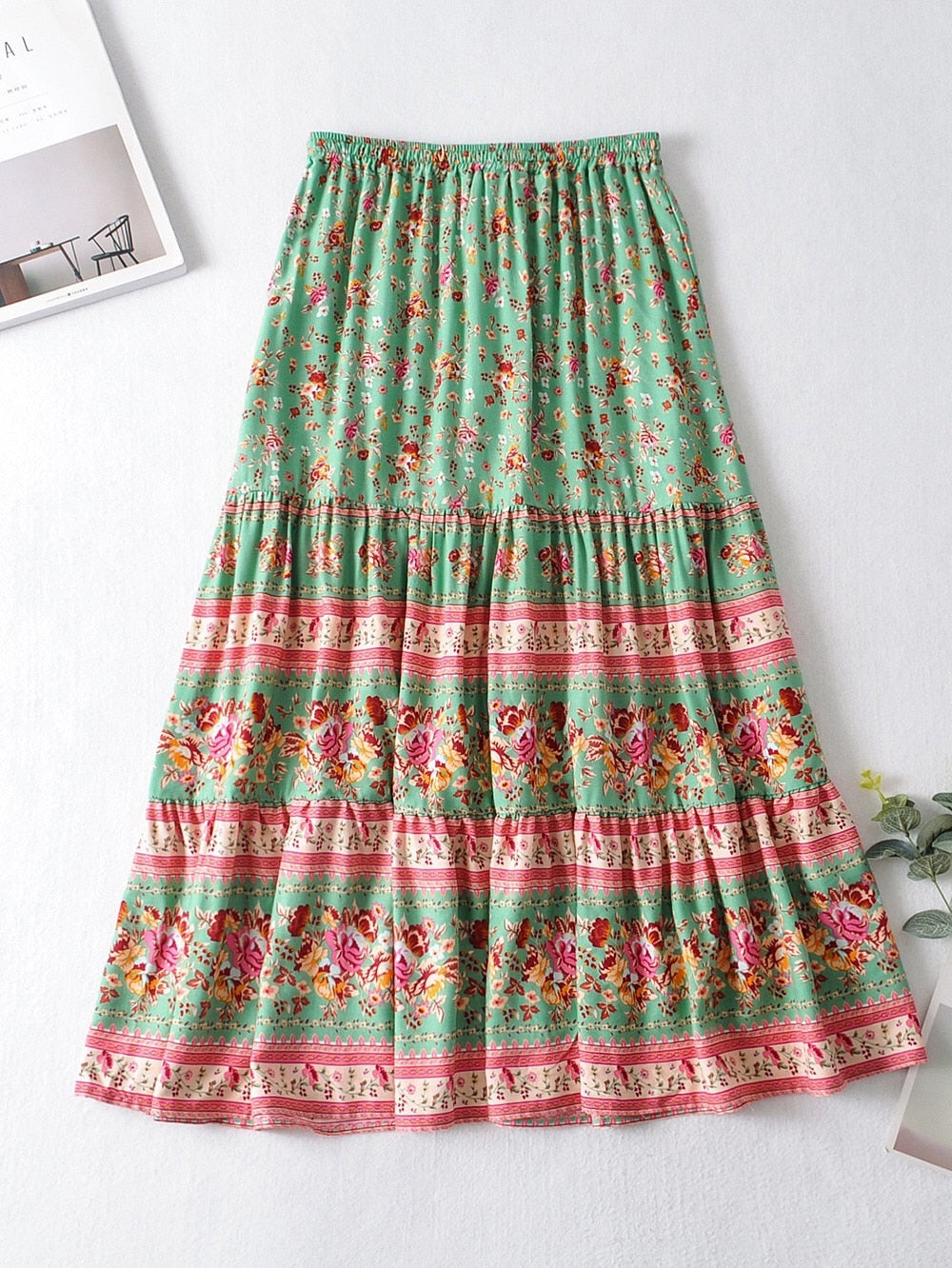 Bohemia Spliced Ruched Pleated Floral Print Women Skirt