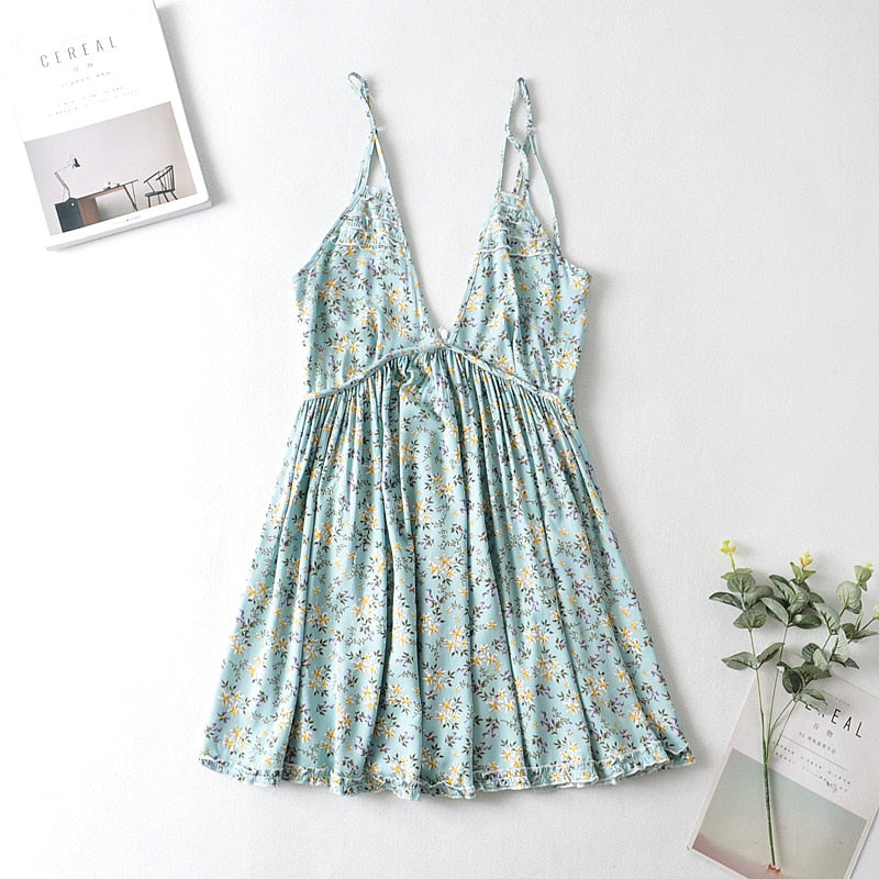 Vintage Women Green Floral Print Sleeveless Beach Bohemian Strap Dress