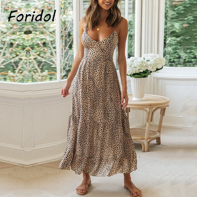 Women Clothing Sleeveless Leopard Maxi Boho Beach Dress