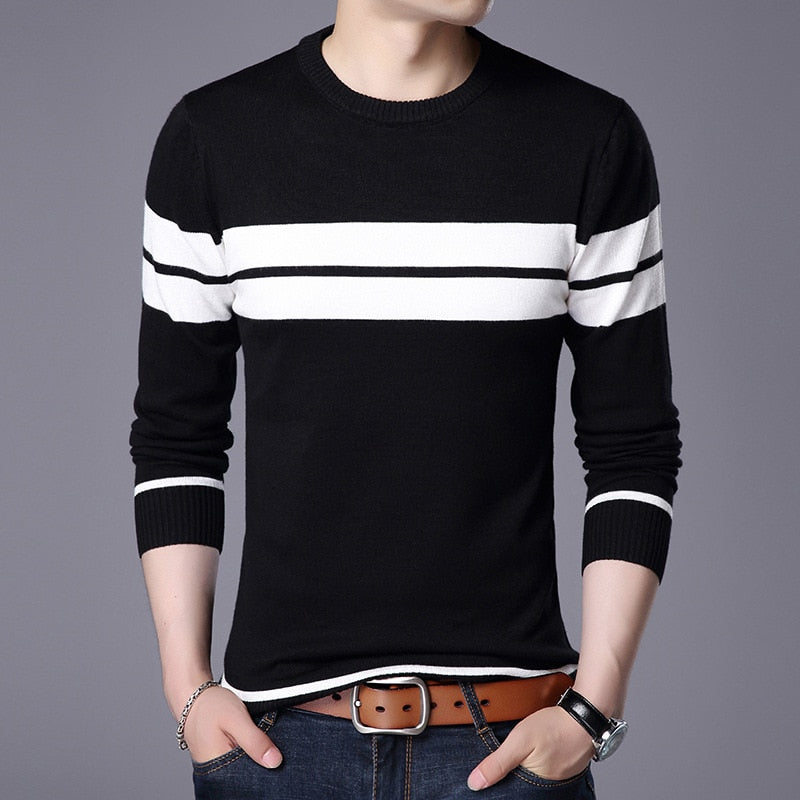 Men Knitted Sweater Comfy O Neck Long Sleeve Pullover Stripe Jumper Bottoming Shirt