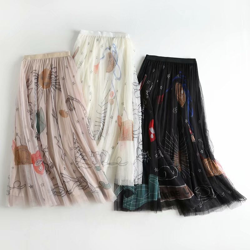 Fairy Floral High-waisted A-line Mesh Skirt Midi Long Skirts