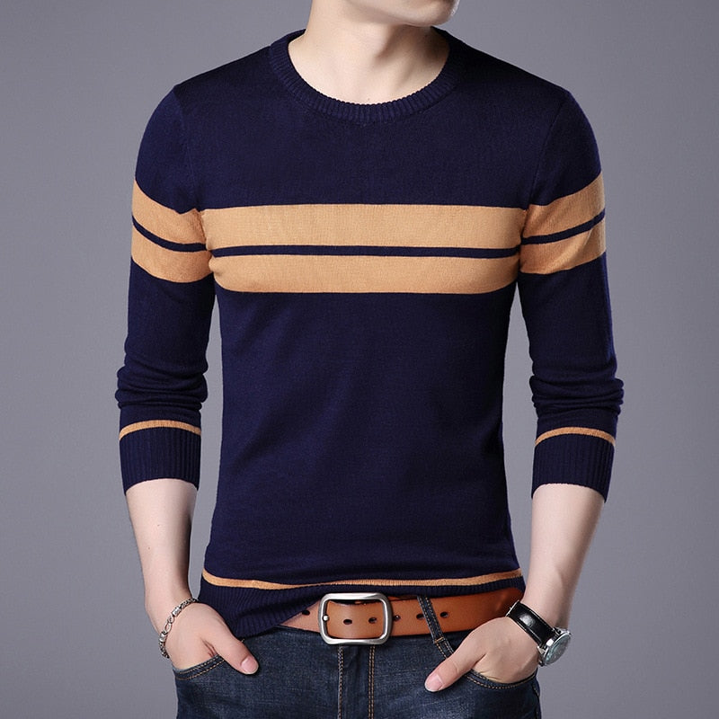 Men Knitted Sweater Comfy O Neck Long Sleeve Pullover Stripe Jumper Bottoming Shirt