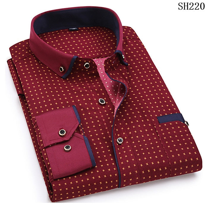 Print Casual Men Long Sleeve Button Shirt Pocket Soft Comfortable Slim Fit