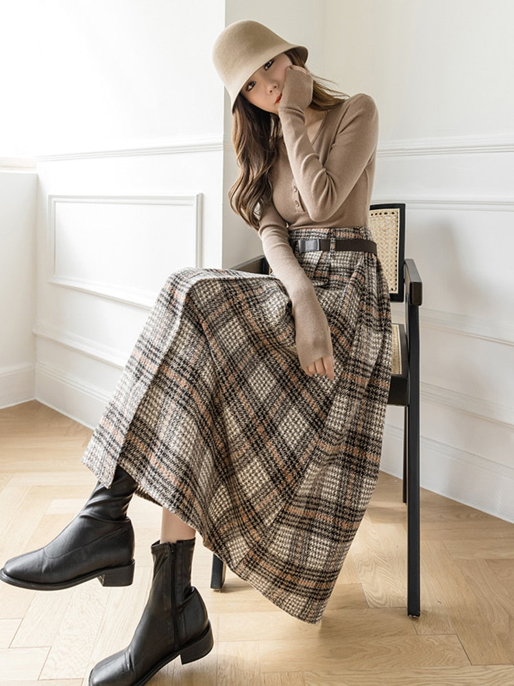 Warm Midi Long Skirt Women Style Irregular Plaid Mid-Length High Waist Skirt