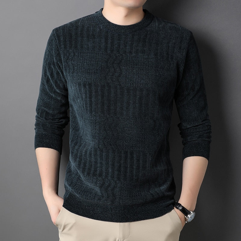 Sweater Men Winter Fleece Thick Warm Pullovers Slim Fit Striped Knitted Sweater