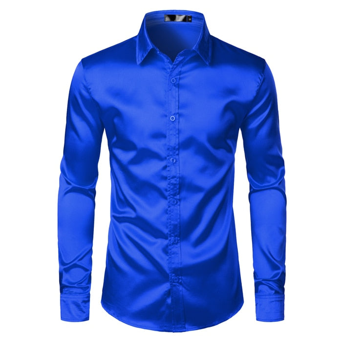 Men Shirts Silk Smooth Shirt Slim Fit Casual Shirt