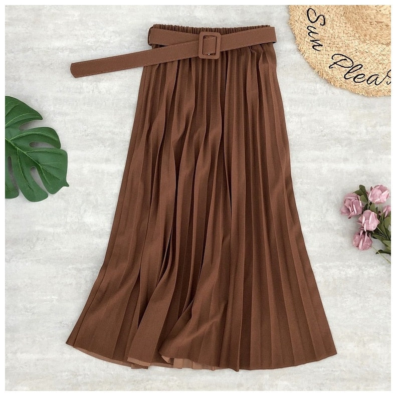 High Waist Women Skirt Casual Vintage Solid Belted Pleated Midi Skirts