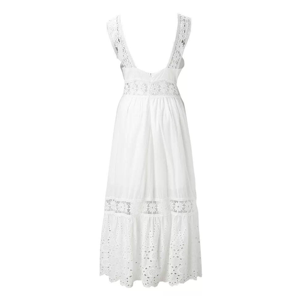 Fashion Lace  Cotton Sleeveless White Hollow Out Boho Maxi Sundress