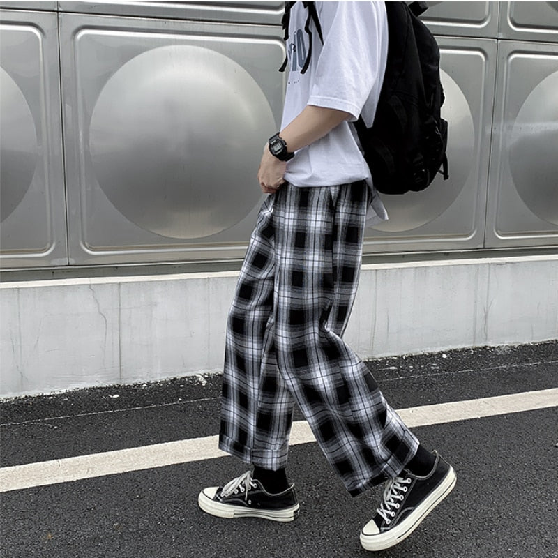 Men Casual Pants Plaid Ankle Length Loose Wide Leg Elastic Waist Trousers