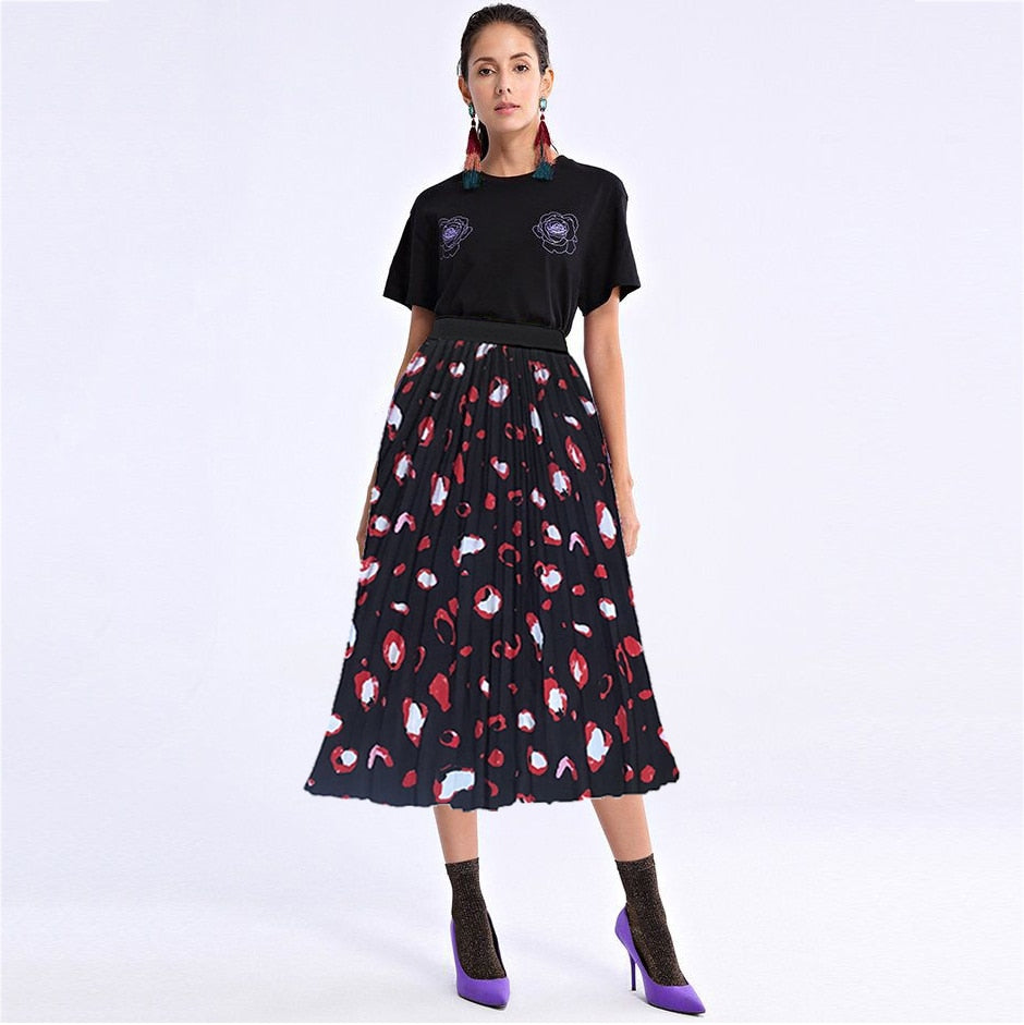 Fashion Women High Waist Pleated A-line Swing Skirt Multi Color Mid Calf Elastic Skirt