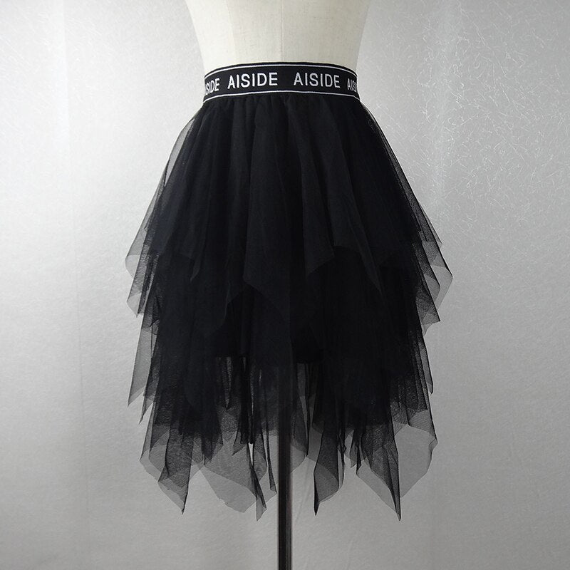 Tulle Skirts Womens Irregular Fashion Elastic High Waist Mesh Tutu Skirt