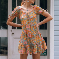 beach boho orange foral print mini dresses women short puff sleeve