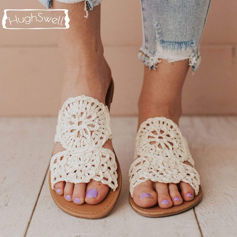 Summer Crochet Sandals Women knitted Flower Slides