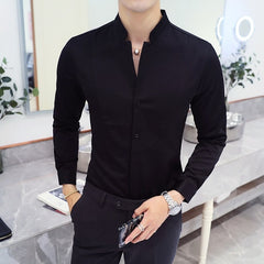 Men Business Shirts Stand Collar Long Sleeve Tops Dresses