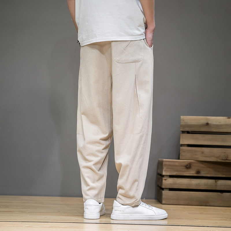 Linen Pants Men Elastic Waist Casual Harem Pant Loose Sweatpants Trousers