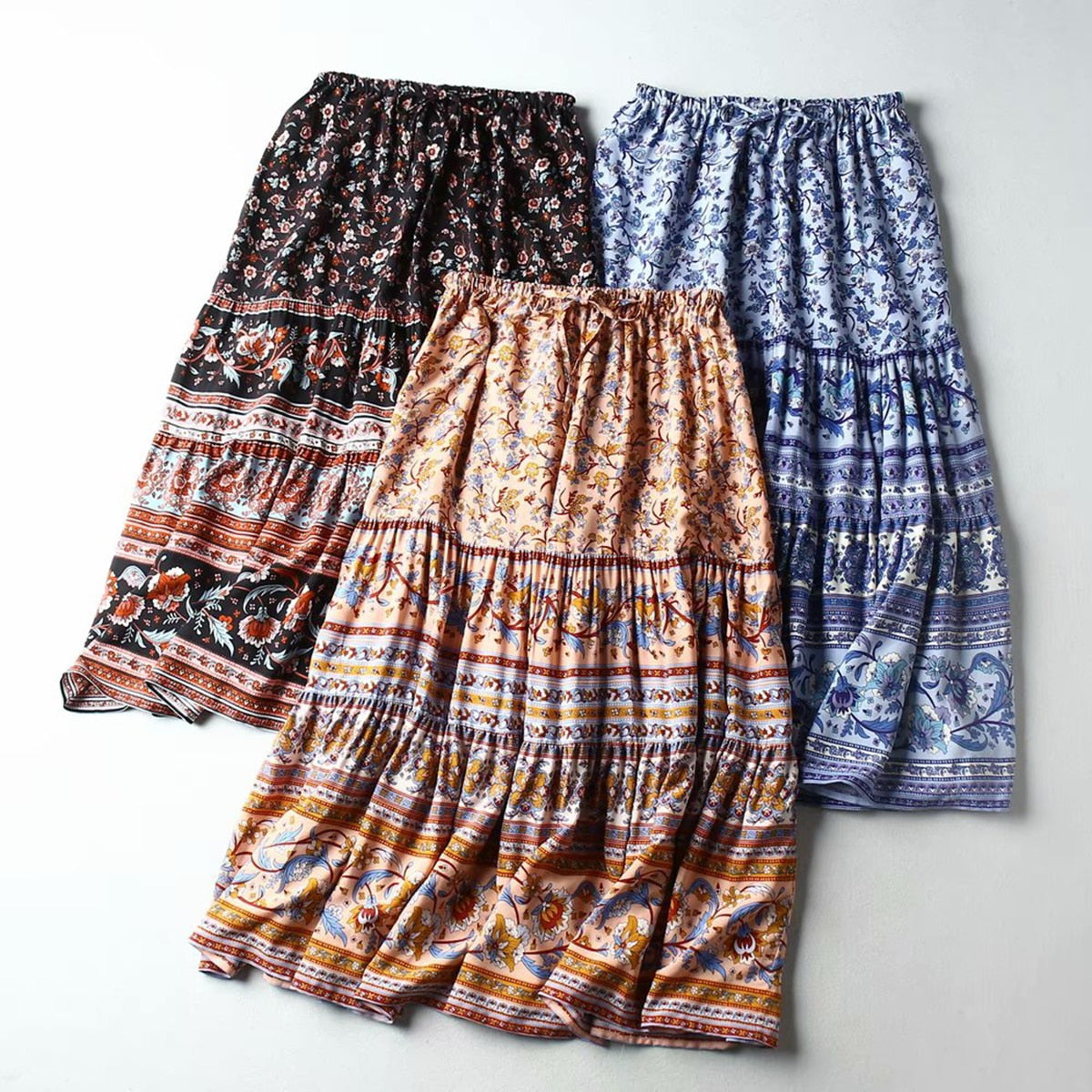 Midi Skirt Women Vintage Chic Floral Print Boho Skirts Elastic Waist Casual Beach Skirt