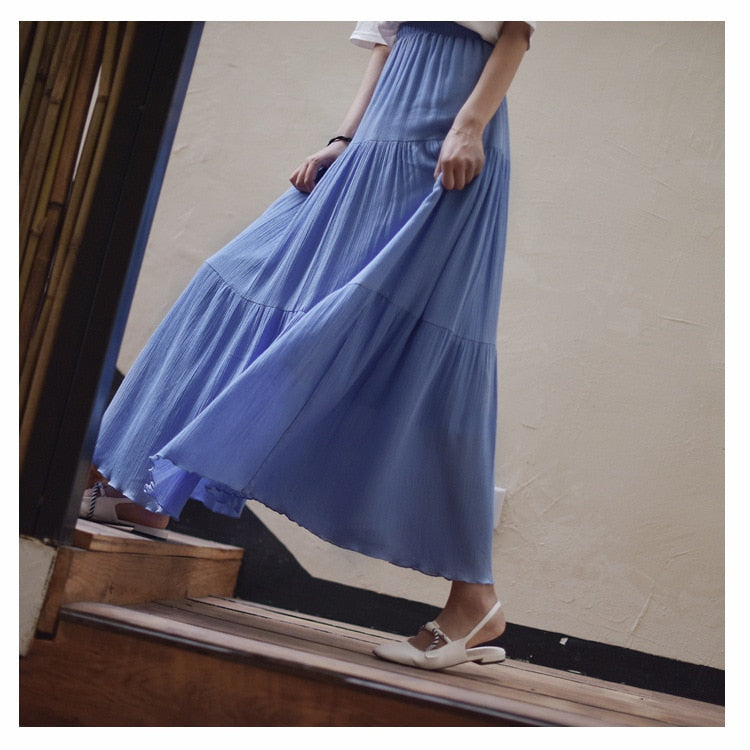 White Long Skirt High Waist Stretch Cotton And Linen Skirts