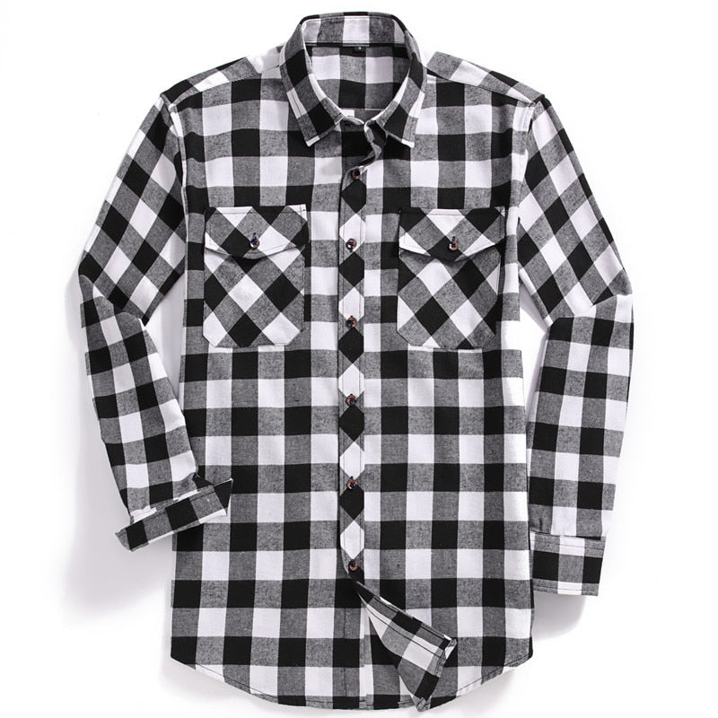 Men Casual Plaid Flannel Shirt Long-Sleeved Two Pocket Printed-Button