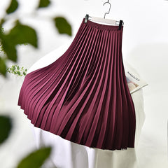 Women A-Line Spring Pleated Skirt Elegant Stretch High Waist Long Skirt