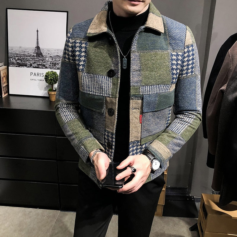 Winter Men Casual Lapel Hoodless Jacket Slim Plaid Woolen Coat