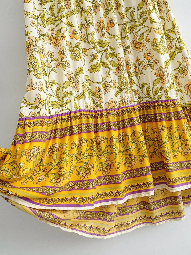 Bohemia Yellow Contrast color Floral Print Long Skirt